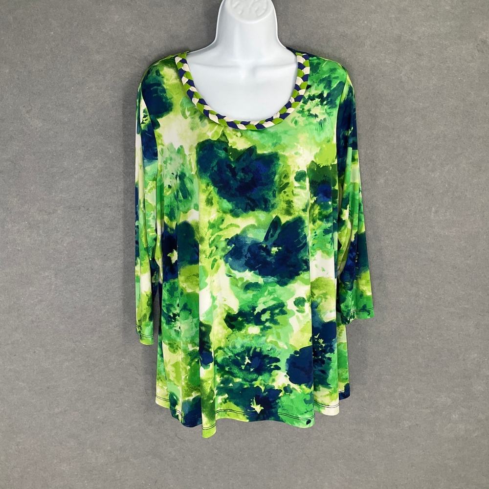 Susan Graver Womens 1X Tunic‎ Top Green Blue Floral Print Knit Braided Neck